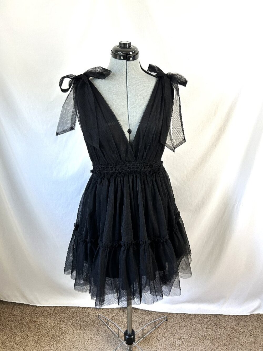 Thrity Thirty Black Mesh Deep V Party Cocktail Dress L Bows - Picture 1 of 5